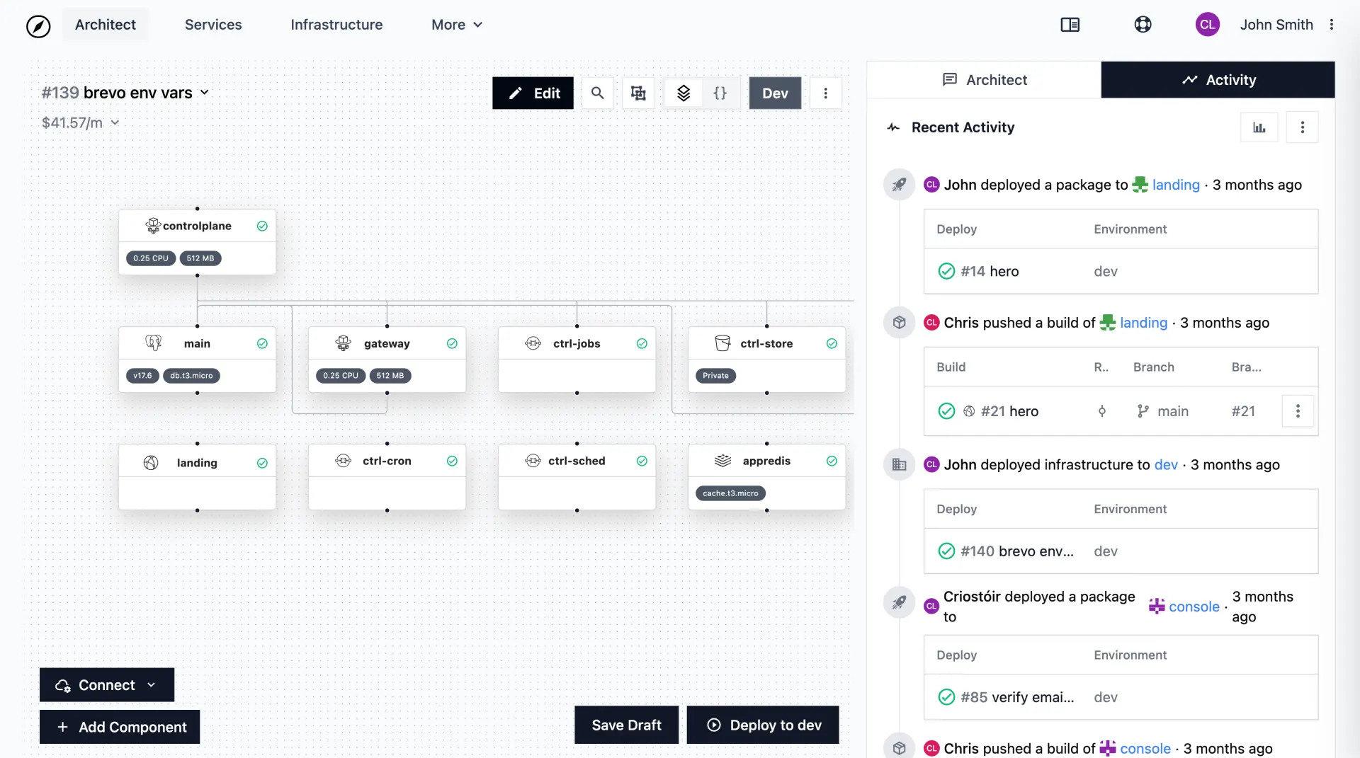 StationOps architecture view showing connected services, a database, storage, and recent activity