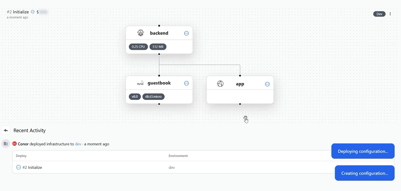 Screenshot from the StationOps AWS deployment recording showing a backend, application, and MySQL database being deployed to development